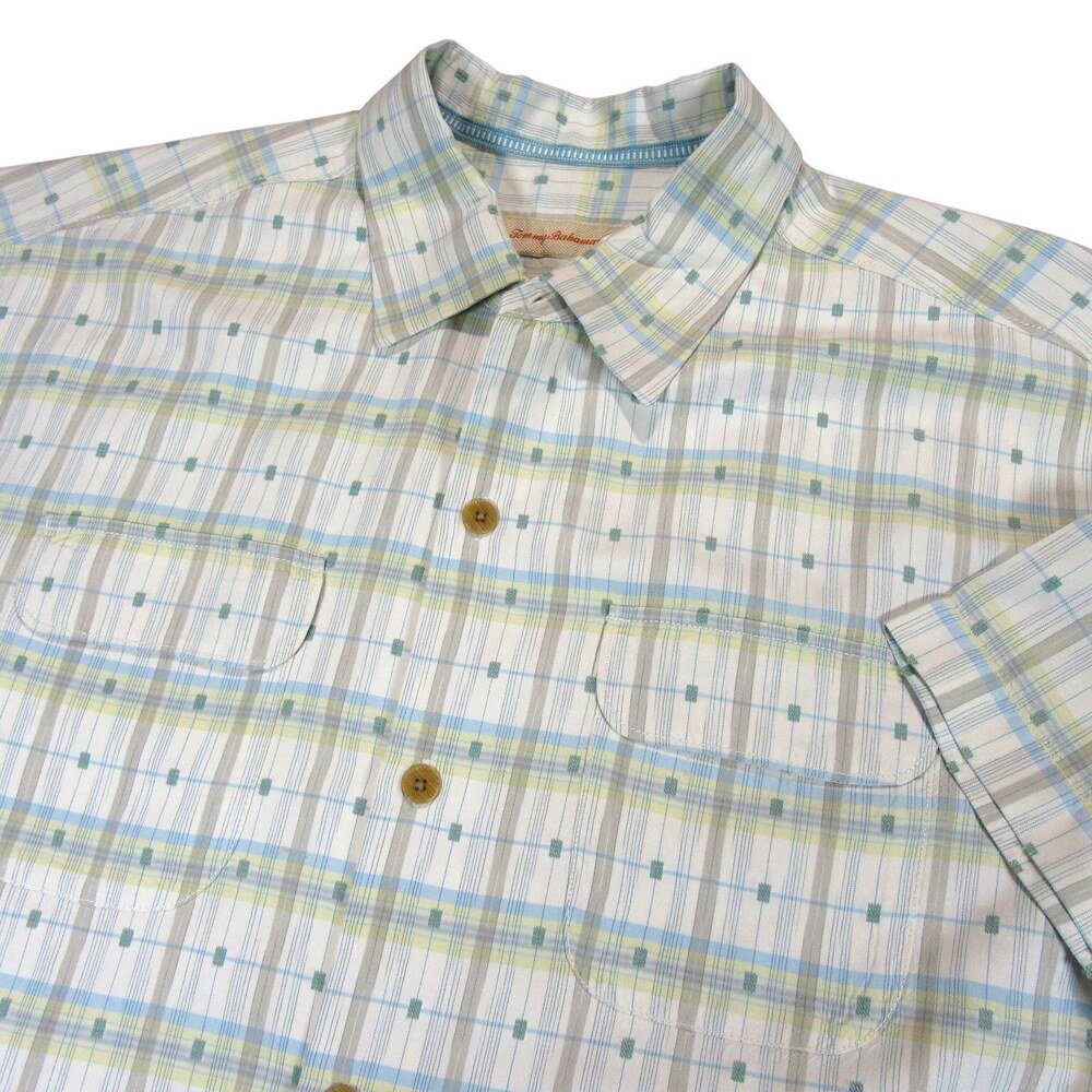 Tommy Bahama Mens Button Up Shirt XL Green Multicolored Plaid Silk Cotton Pocket